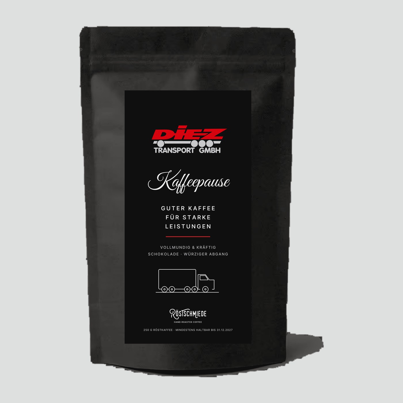 Firmenkaffee mit eigenem Etikett: schwarze Tüte der Diez Transport GmbH